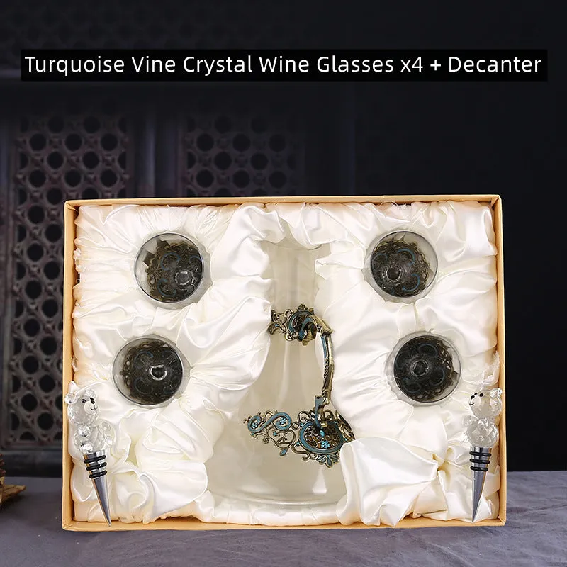 Turquoise Vine Crystal Wine Glasses with Decanter Suitcase Set