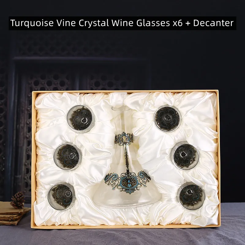 Turquoise Vine Crystal Wine Glasses with Decanter Suitcase Set