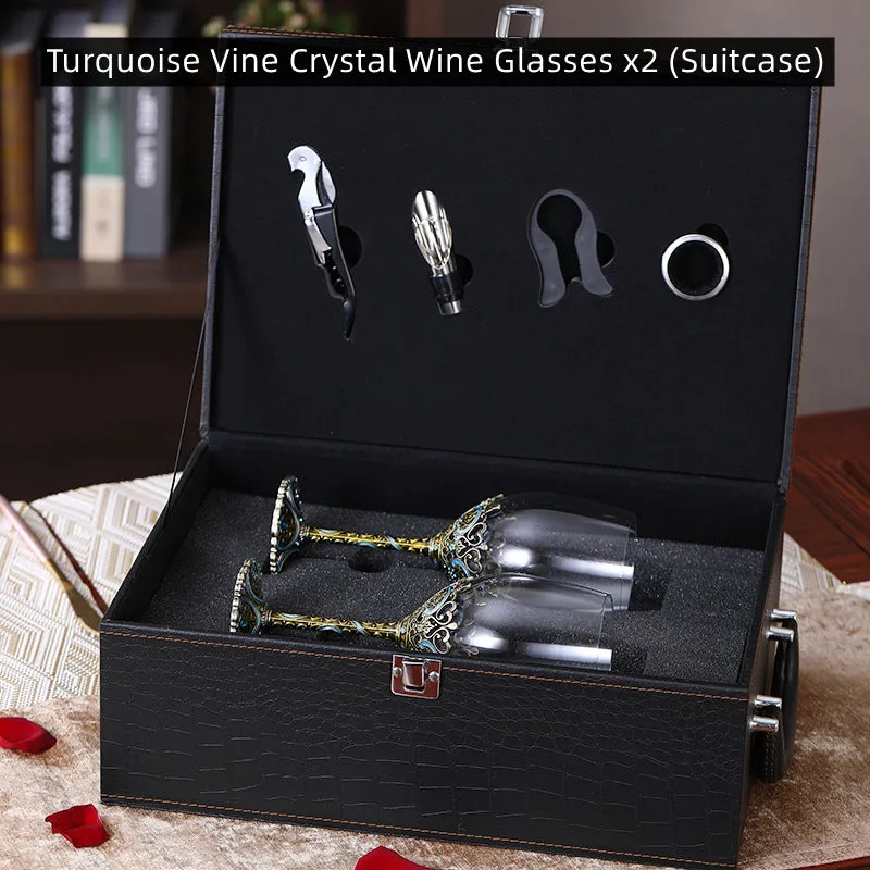 Turquoise Vine Crystal Wine Glasses with Decanter Suitcase Set