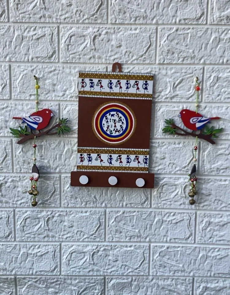 Warli Key Holder with 2 Sparrow Hangings (Set of 3)