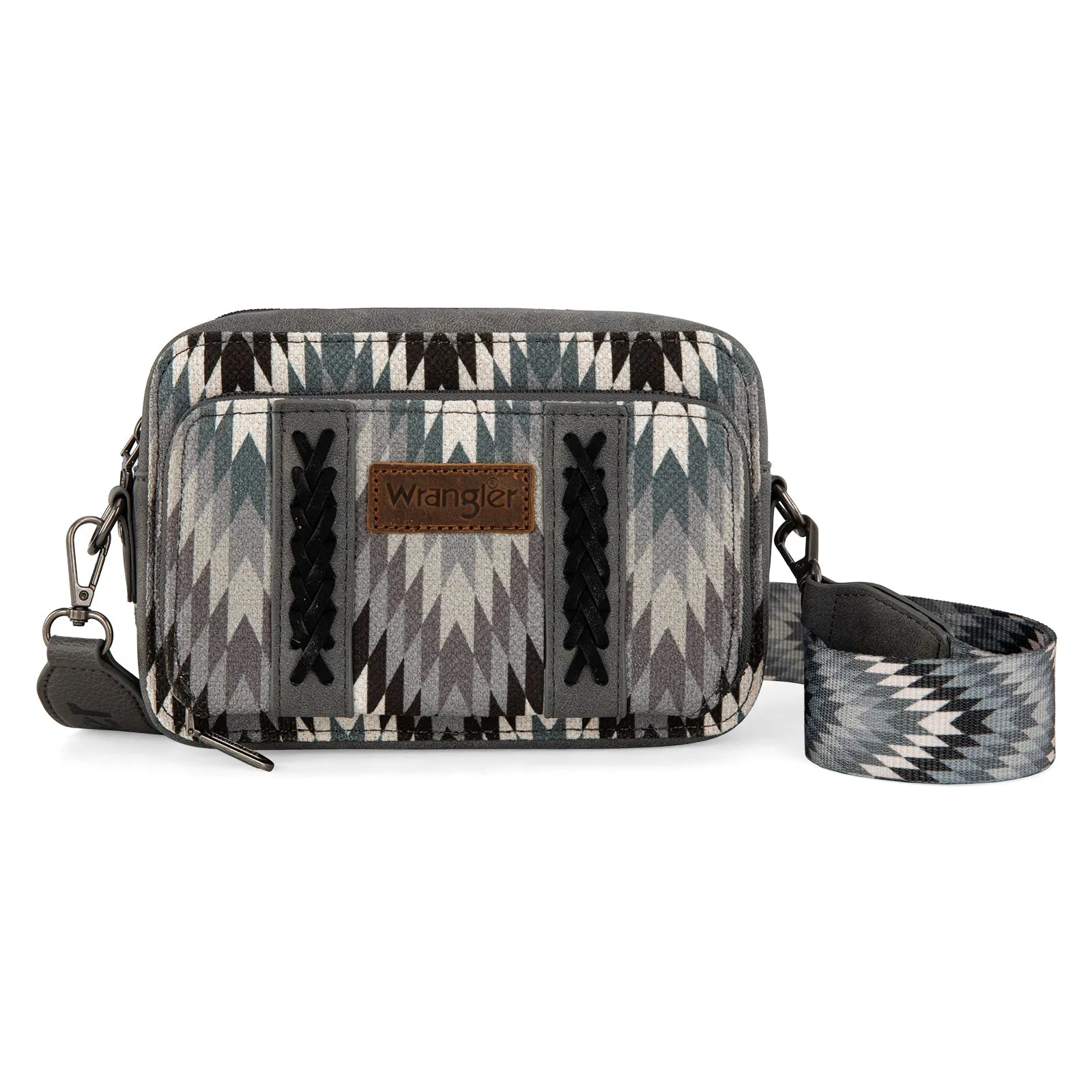 WG2211-3003  Wrangler Southwestern Pattern Dual Sided Print Crossbody Purse With Wallet Compartment - Grey