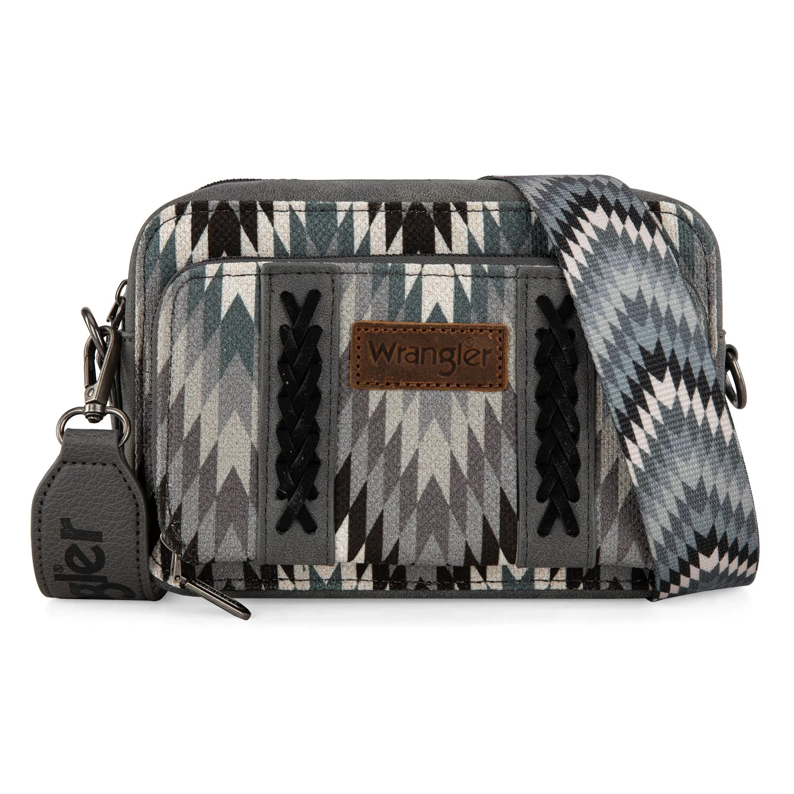 WG2211-3003  Wrangler Southwestern Pattern Dual Sided Print Crossbody Purse With Wallet Compartment - Grey