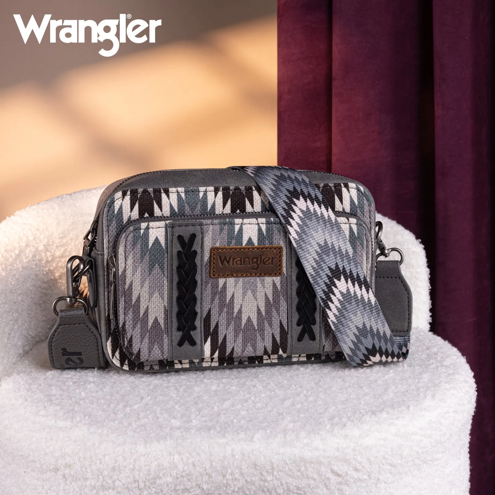 WG2211-3003  Wrangler Southwestern Pattern Dual Sided Print Crossbody Purse With Wallet Compartment - Grey