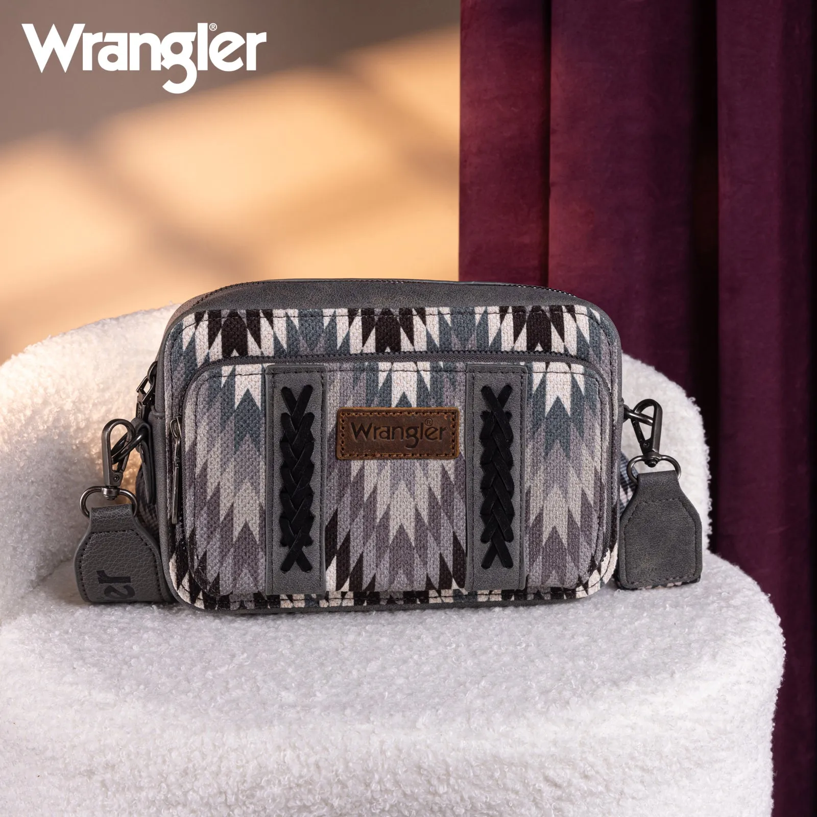 WG2211-3003  Wrangler Southwestern Pattern Dual Sided Print Crossbody Purse With Wallet Compartment - Grey