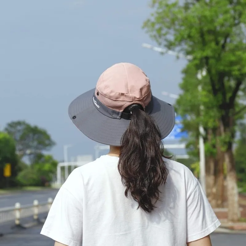 Women Sun Hat Wide Brim Outdoor UV Protection Summer Ponytail Hat Foldable Mesh Beach Fisherman'S Cap for Gardening Travel Hiking Fishing 56-58CM (Pink)