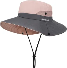 Women Sun Hat Wide Brim Outdoor UV Protection Summer Ponytail Hat Foldable Mesh Beach Fisherman'S Cap for Gardening Travel Hiking Fishing 56-58CM (Pink)